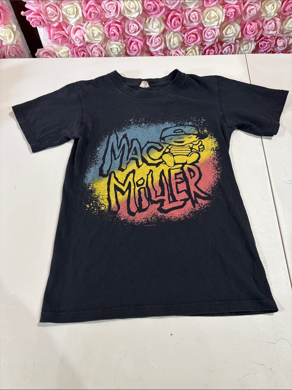 Mac Miller Black Kids Graphic Tee with Blue, Yellow & Pink Print
